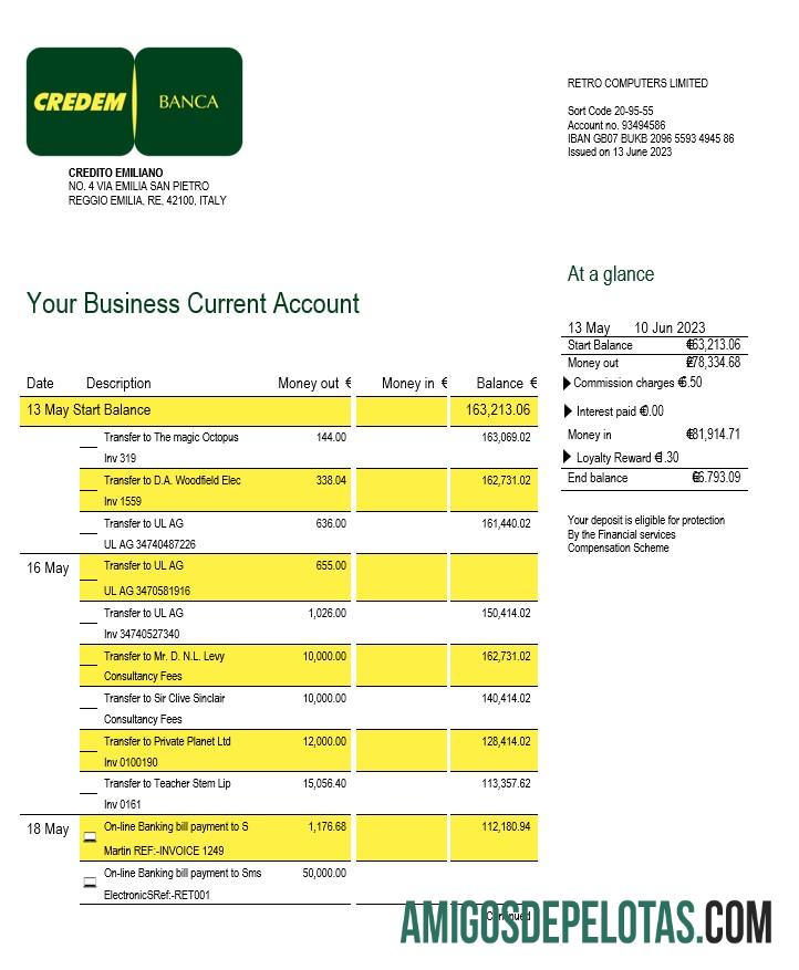 Modelo Word e PDF de extrato de conta firme Realista Crédito Emiliano